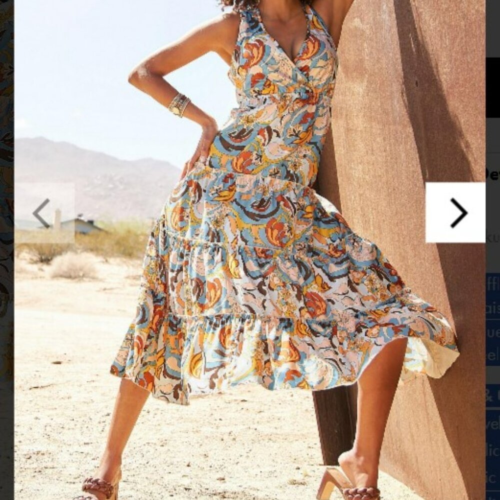 Boston Proper‎ Printed Tiered Midi Multi Color V-Neck Sleeveless Dress Size S - Picture 2 of 12